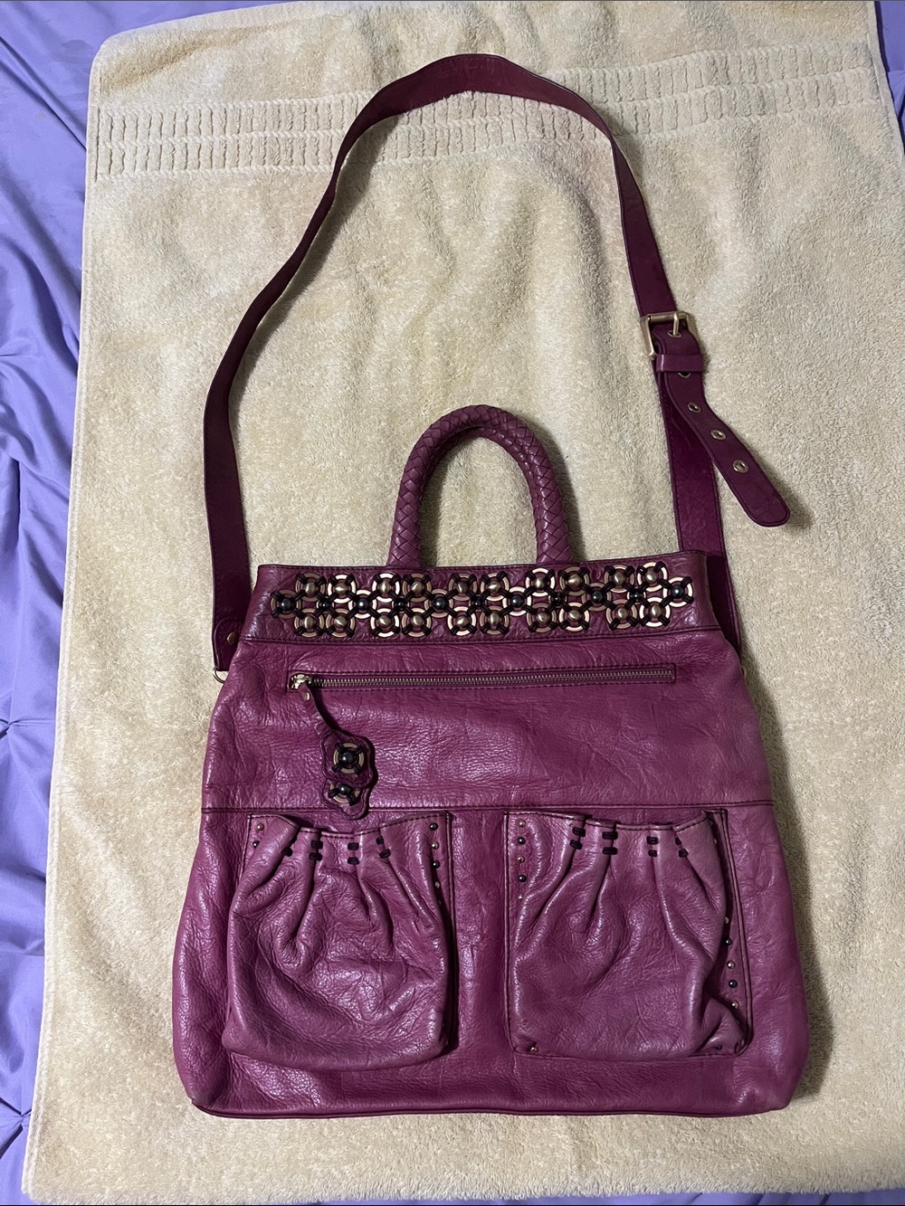 Isabella Fiore Plum Leather Shoulder Bag with Chain Detail